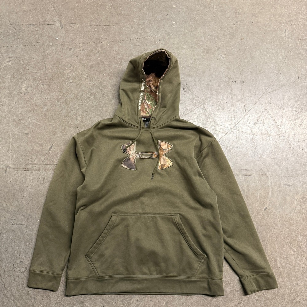Under Armour Mens Camo Logo Hoodie Olive Green Loose Fit Fleece Sweatshirt LG